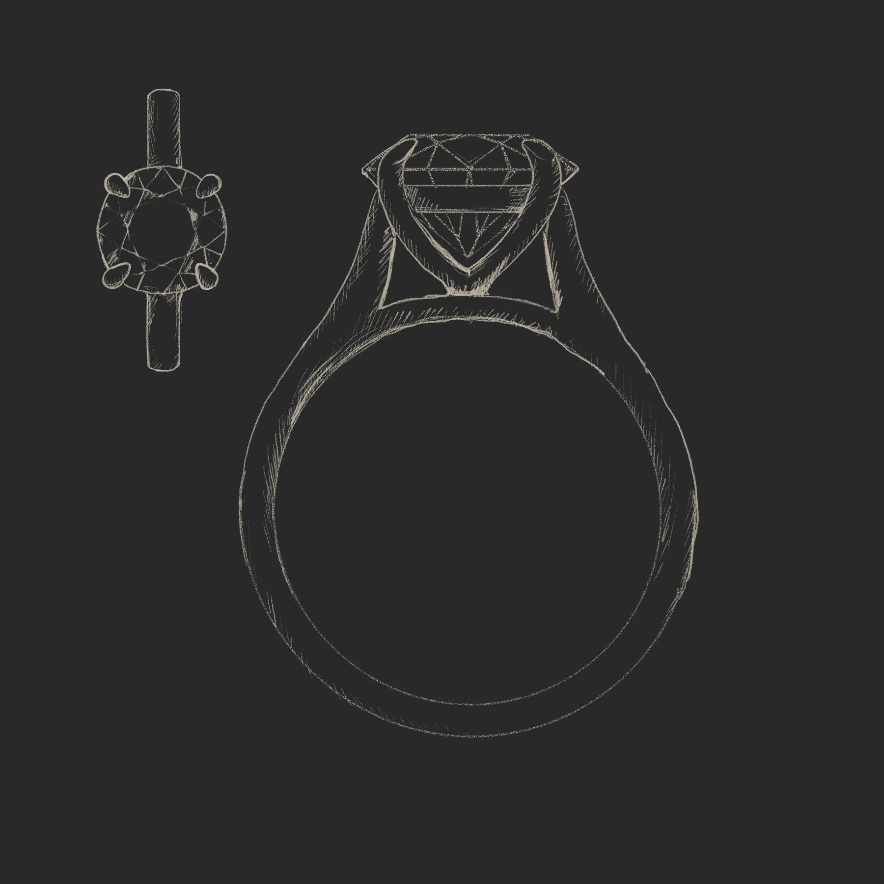 A hand-drawn sketch of the MICHAEL ISAAC Bootham №1 Engagement Ring, with top and side views showcasing the diamond, elegant setting, and band, all set against a dark background.