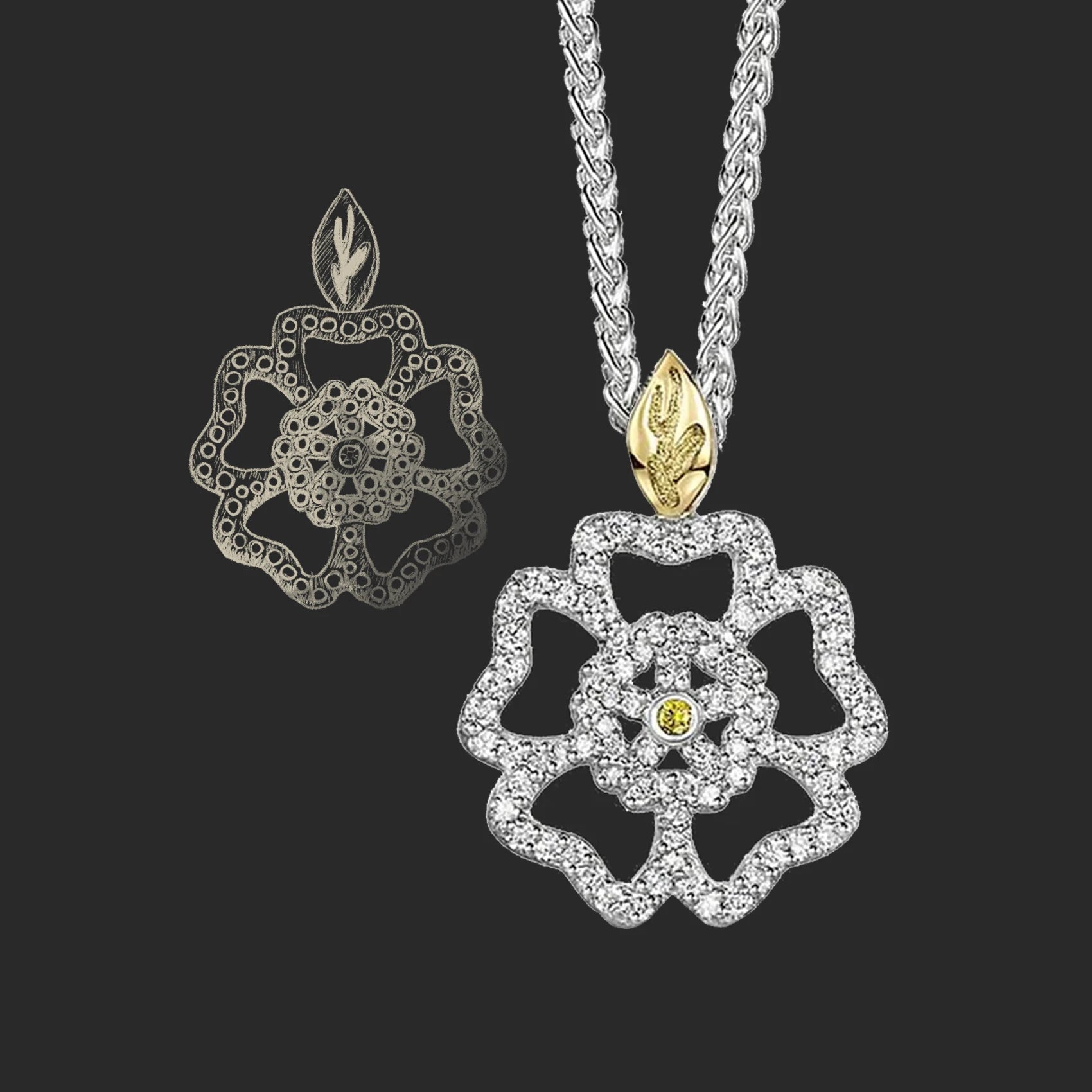 Diamond Yorkshire Rose pendant with gold detailing on chain, shown alongside design sketch