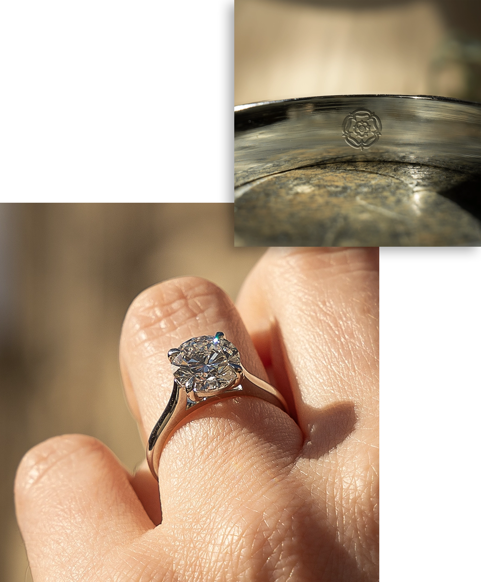 Close-up of a diamond engagement ring on a hand, with an inset showing a floral hallmark engraved inside the ring band