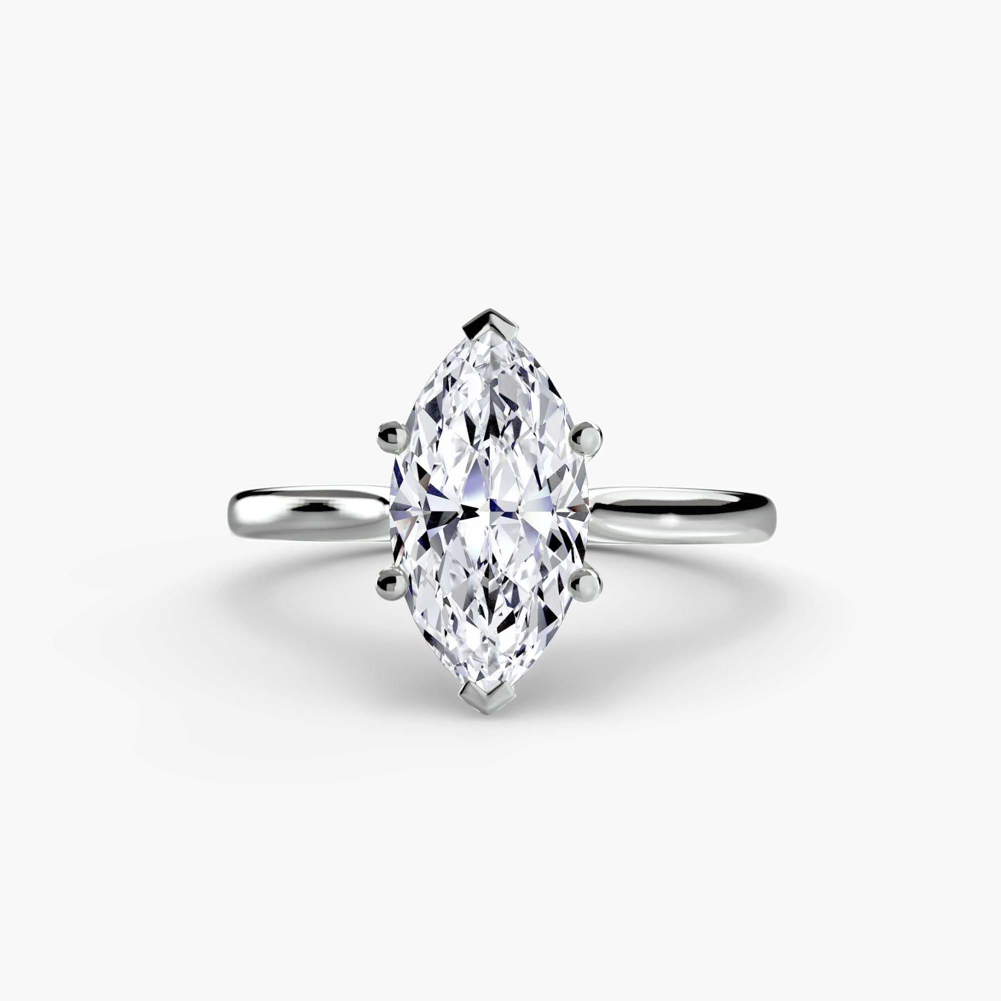 The MICHAEL ISAAC Solitaire ring 1 is a minimalist silver ring with a large marquise-cut diamond held by six prongs, shown on a plain white background.