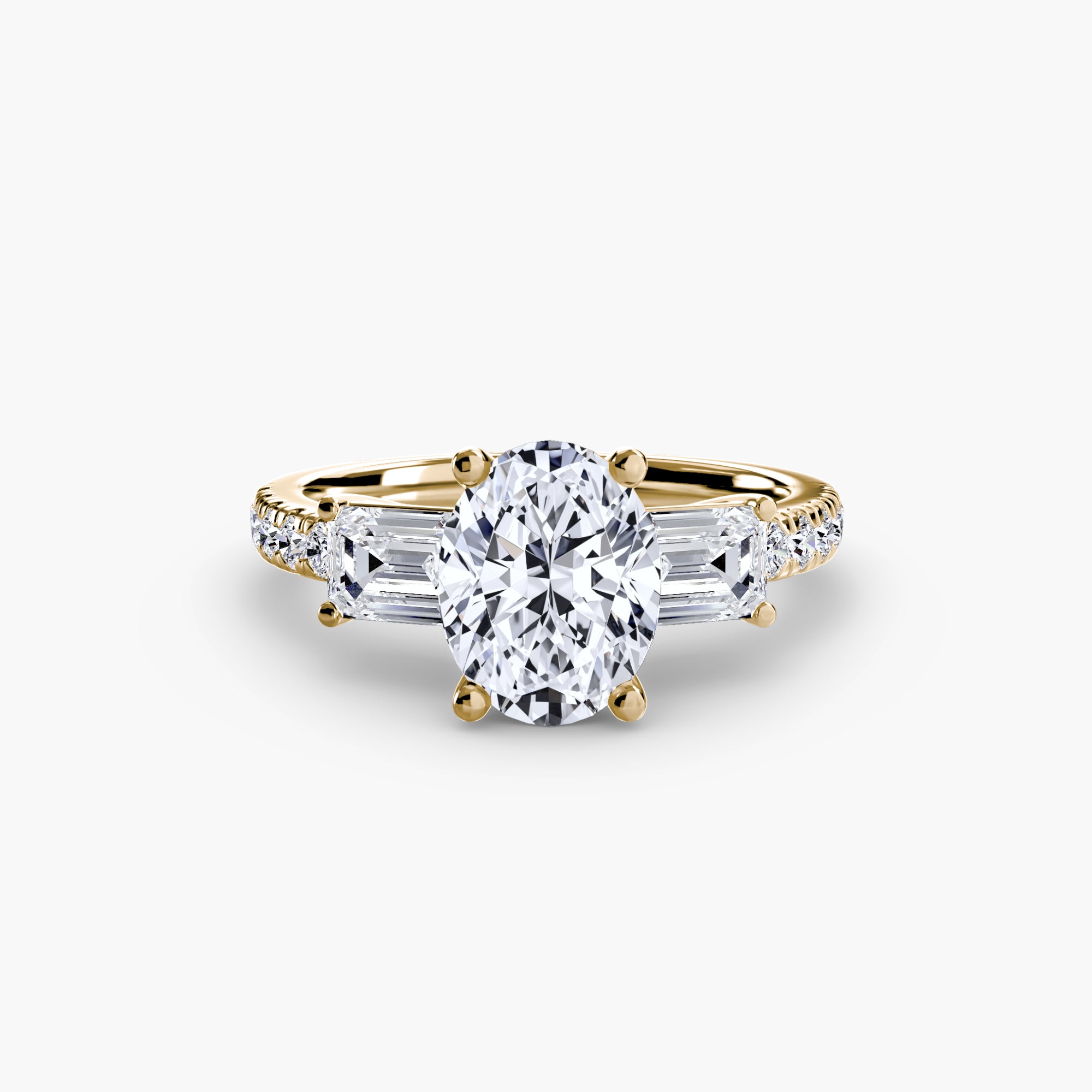 The MICHAEL ISAAC Three-Stone Ring with Pavé Band 4 showcases a large oval diamond centerpiece, two baguette diamonds, and pavé-set round diamonds on the band, elegantly displayed on a white background.