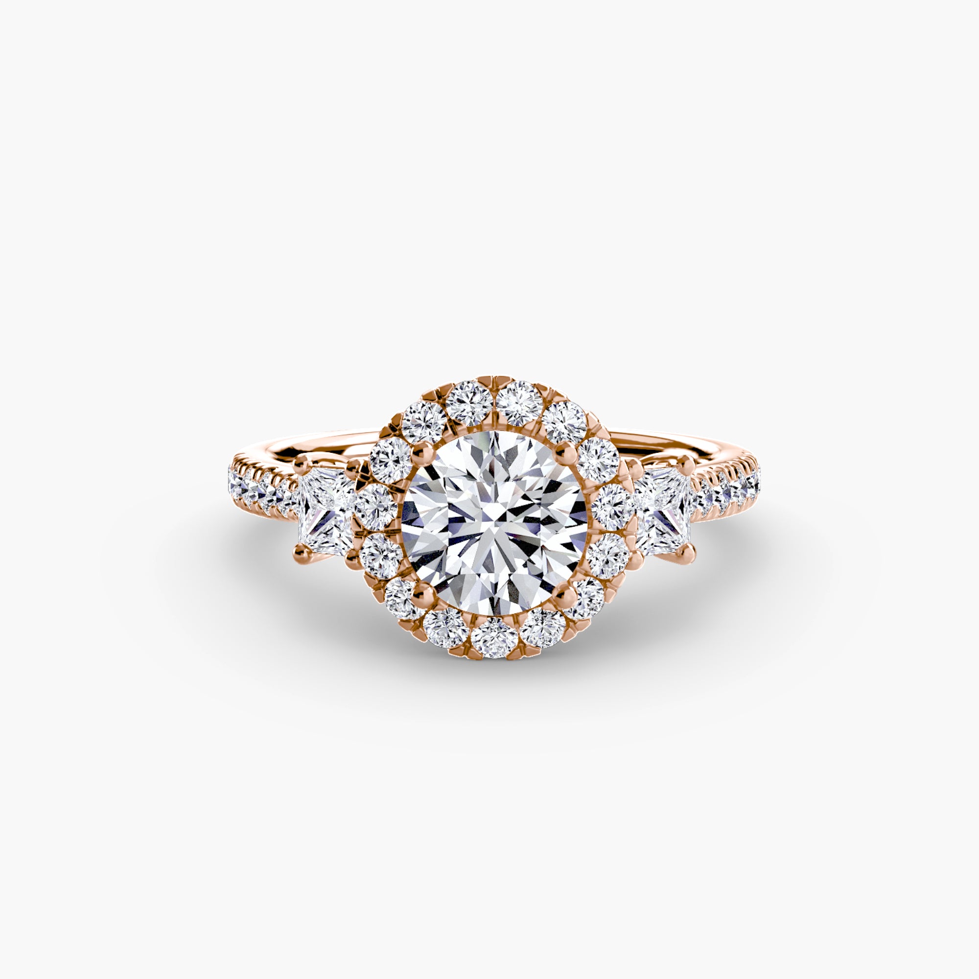 MICHAEL ISAAC's Three-Stone Ring with Halo 2 features a striking round center diamond, radiant diamond halo, and extra diamonds along the band in elegant rose gold.