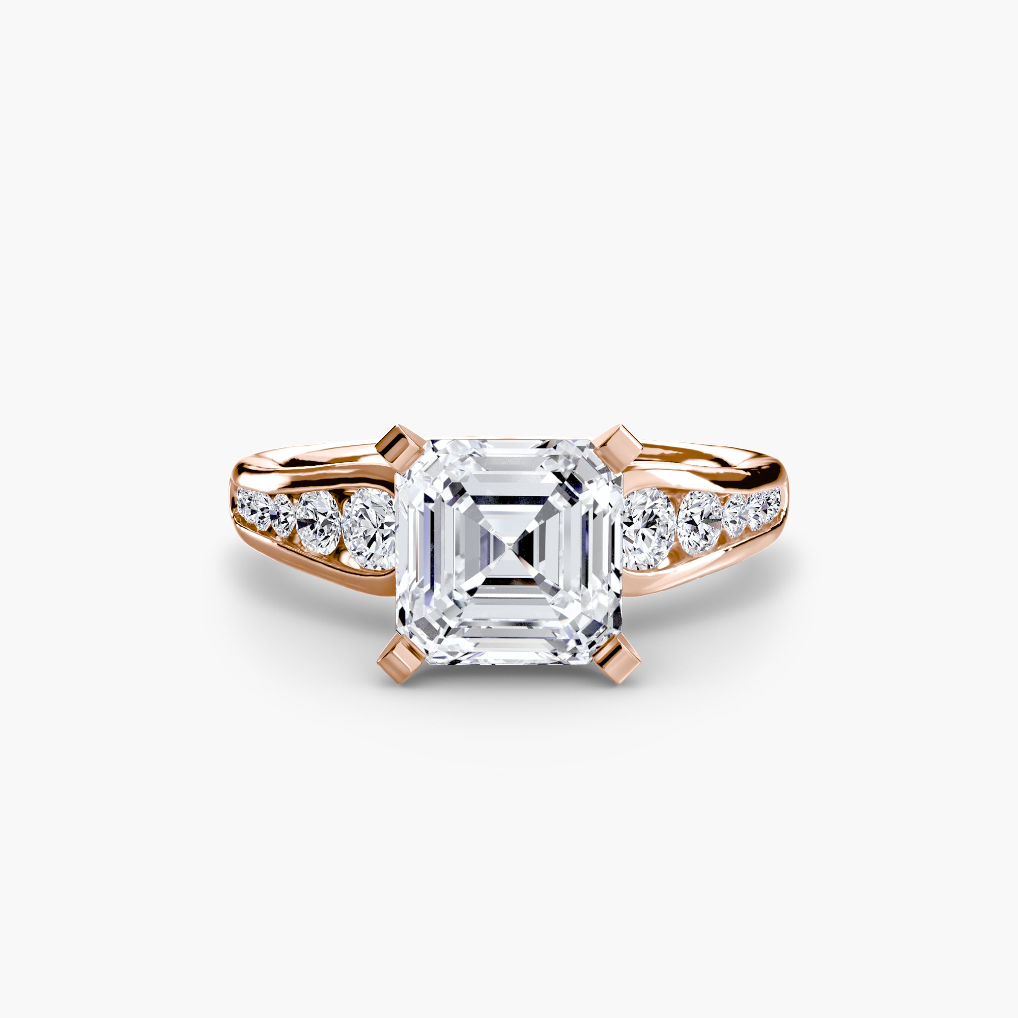 The MICHAEL ISAAC Solitaire with Pavé 2 features a rose gold band, a large square-cut diamond centerpiece, and pavé-set round diamonds along the band, displayed against a plain white background.