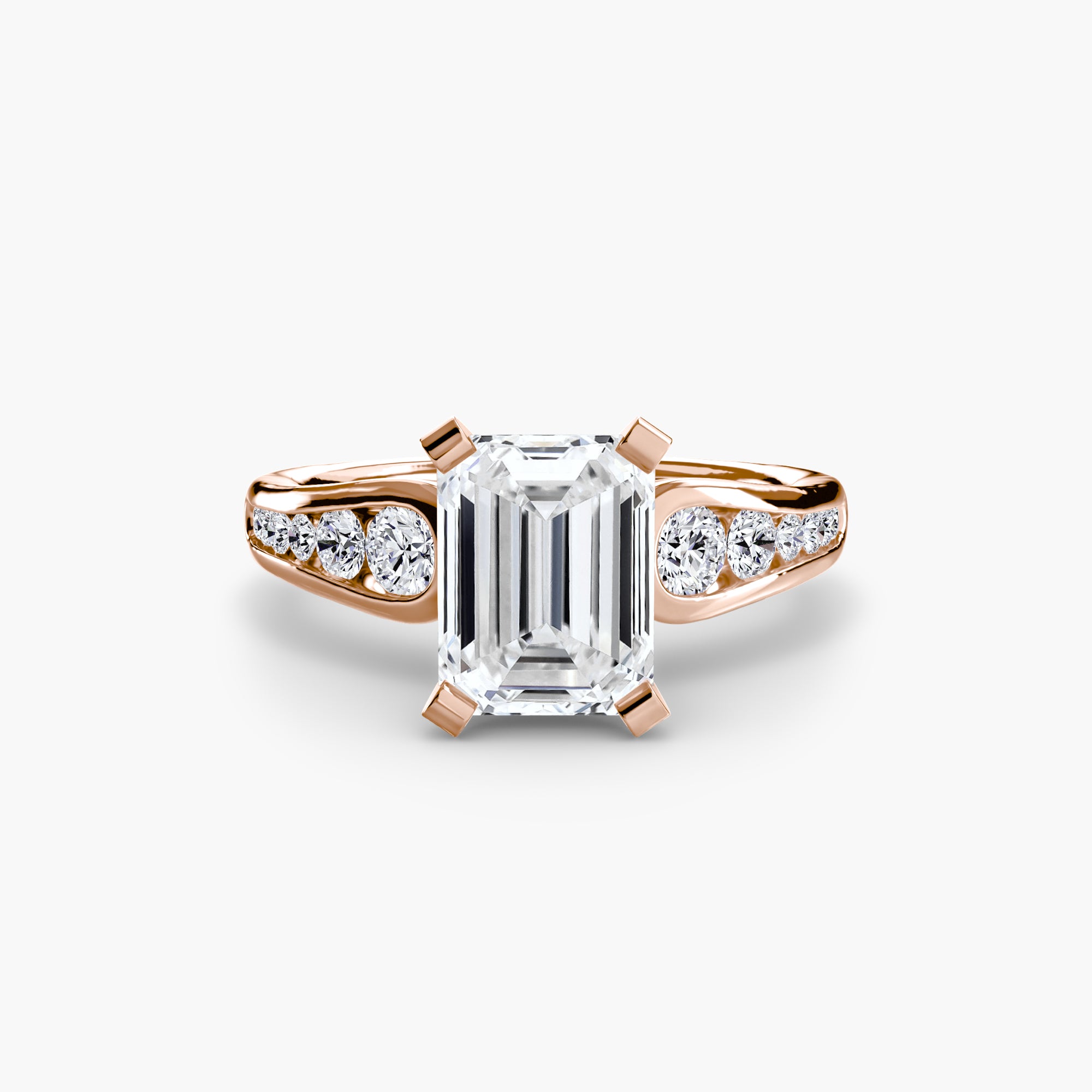 The MICHAEL ISAAC Solitaire with Pavé 2 ring features an emerald-cut center diamond in a four-prong setting, accented by three round diamonds on each side, creating a refined look for everyday luxury.