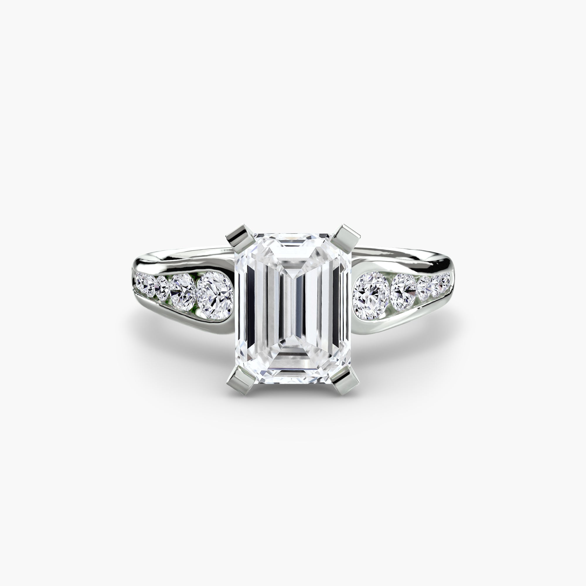 The MICHAEL ISAAC Solitaire with Pavé 2, a white gold ring with an emerald-cut center diamond and pavé-set round diamonds along the band, is displayed on a white background—ideal for lovers of everyday luxury.
