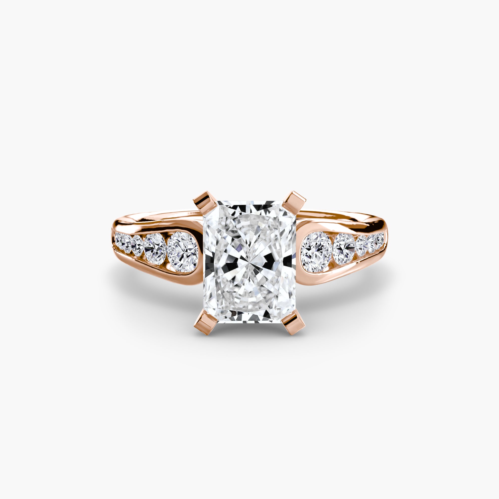 The MICHAEL ISAAC Solitaire with Pavé 2 is a rose gold ring showcasing a radiant-cut diamond center, three round side diamonds on each side, and a pavé-set band for everyday luxury.