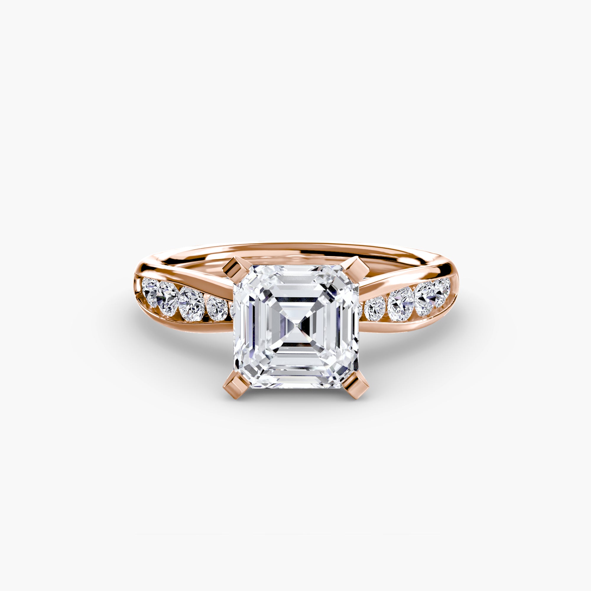 The Solitaire with Pavé 3 by MICHAEL ISAAC features an asscher-cut center diamond on a rose gold pavé-set band, accented by three round diamonds per side. This refined ring epitomizes everyday luxury and is showcased against a white background.