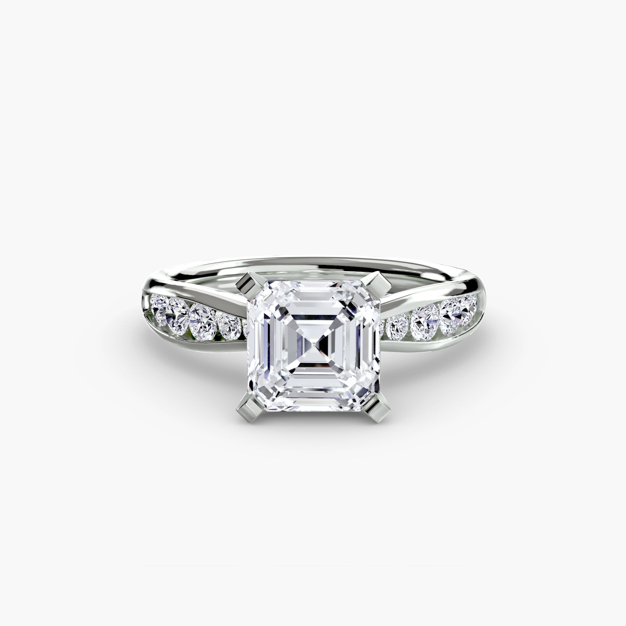 The MICHAEL ISAAC Solitaire with Pavé 3 is a platinum ring with a large square-cut diamond center and pavé-set round diamonds along the band, shown on a white background.