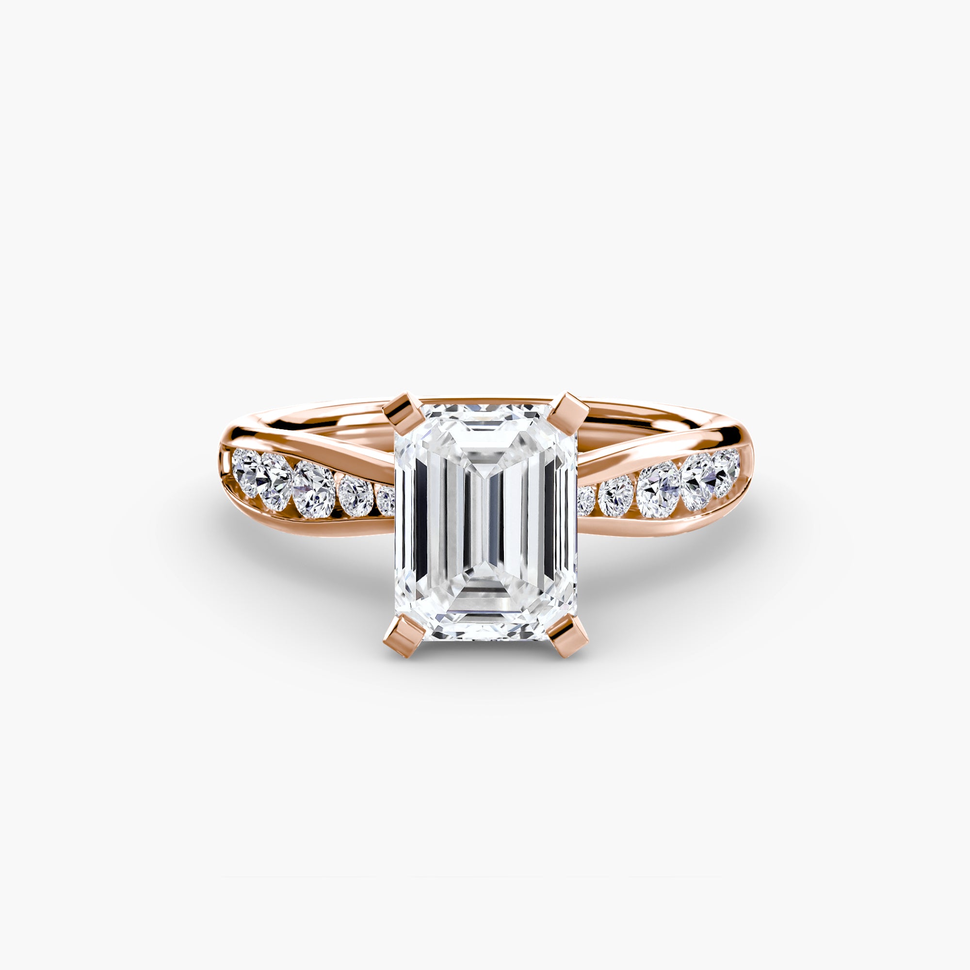 The MICHAEL ISAAC Solitaire with Pavé 3 is a rose gold ring with an emerald-cut diamond center and round pavé-set accents, shown on a white background—a stunning choice for everyday luxury.