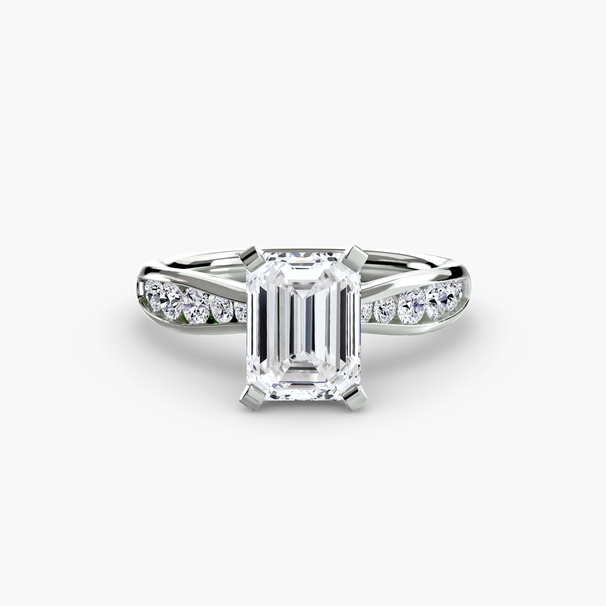 The MICHAEL ISAAC Solitaire with Pavé 3 is a platinum ring featuring a large emerald-cut center diamond and pavé-set round diamonds along the band, shown on a white background for an elegant touch of everyday luxury.