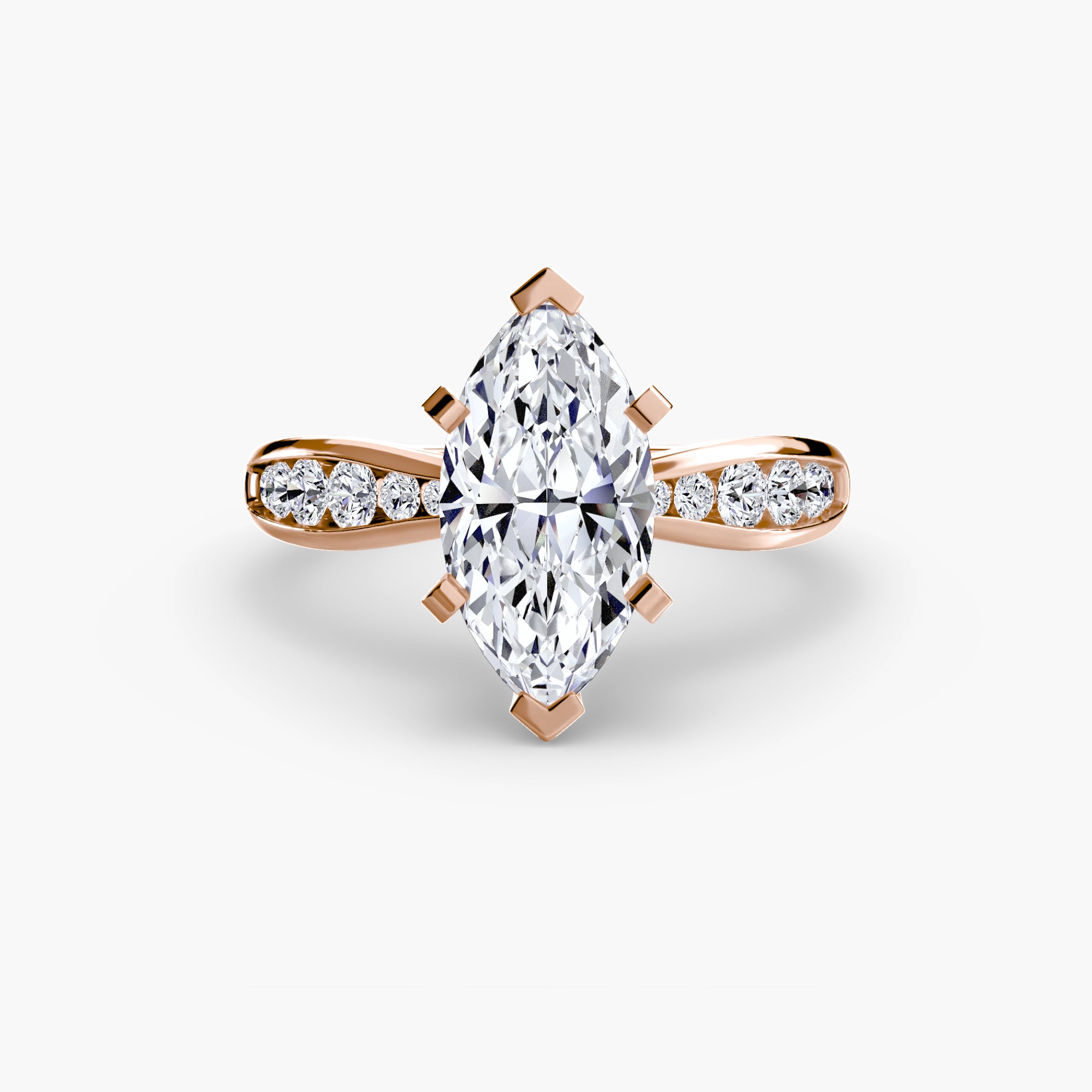 The MICHAEL ISAAC Solitaire with Pavé 3 ring features a large marquise-cut diamond center and pavé-set round diamonds on a rose gold band, displayed on a white background—an ideal statement of everyday luxury.