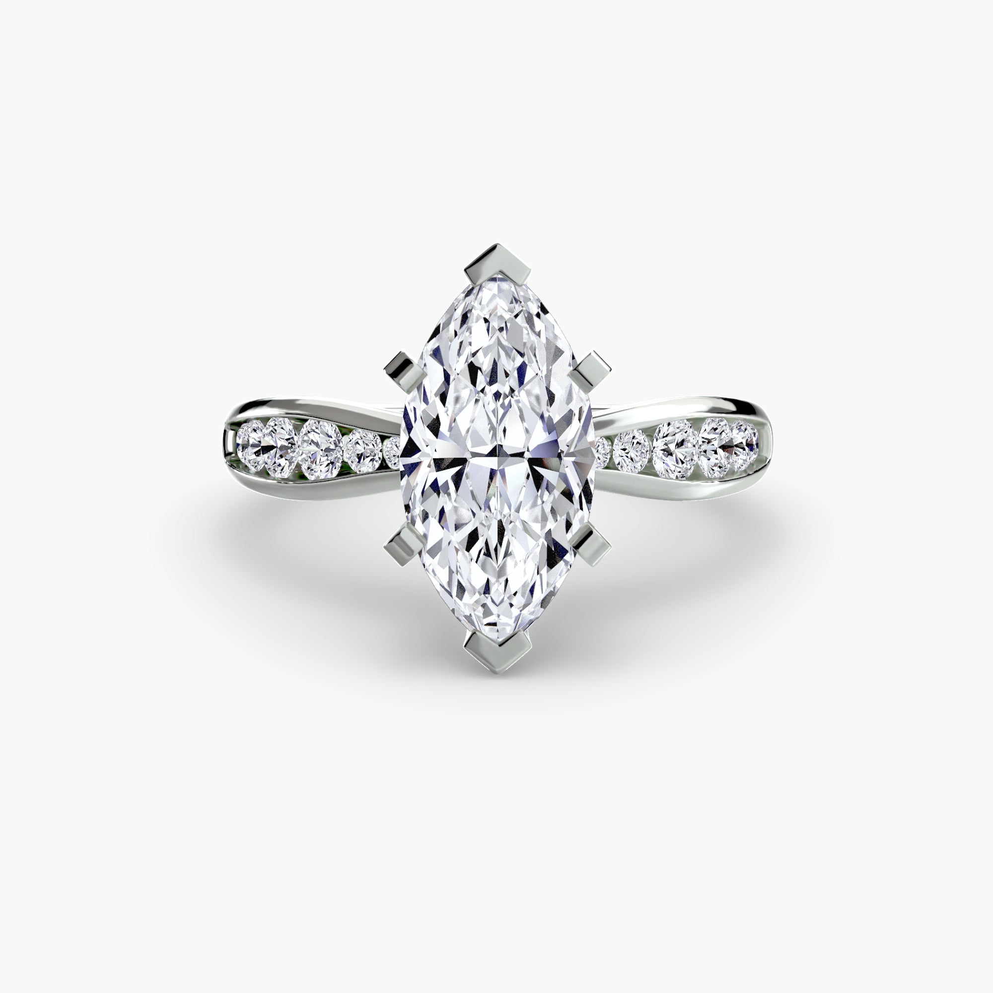 The MICHAEL ISAAC Solitaire with Pavé 3 features a marquise-cut diamond center on a silver band, accented with smaller round pavé-set diamonds, displayed against a white background.