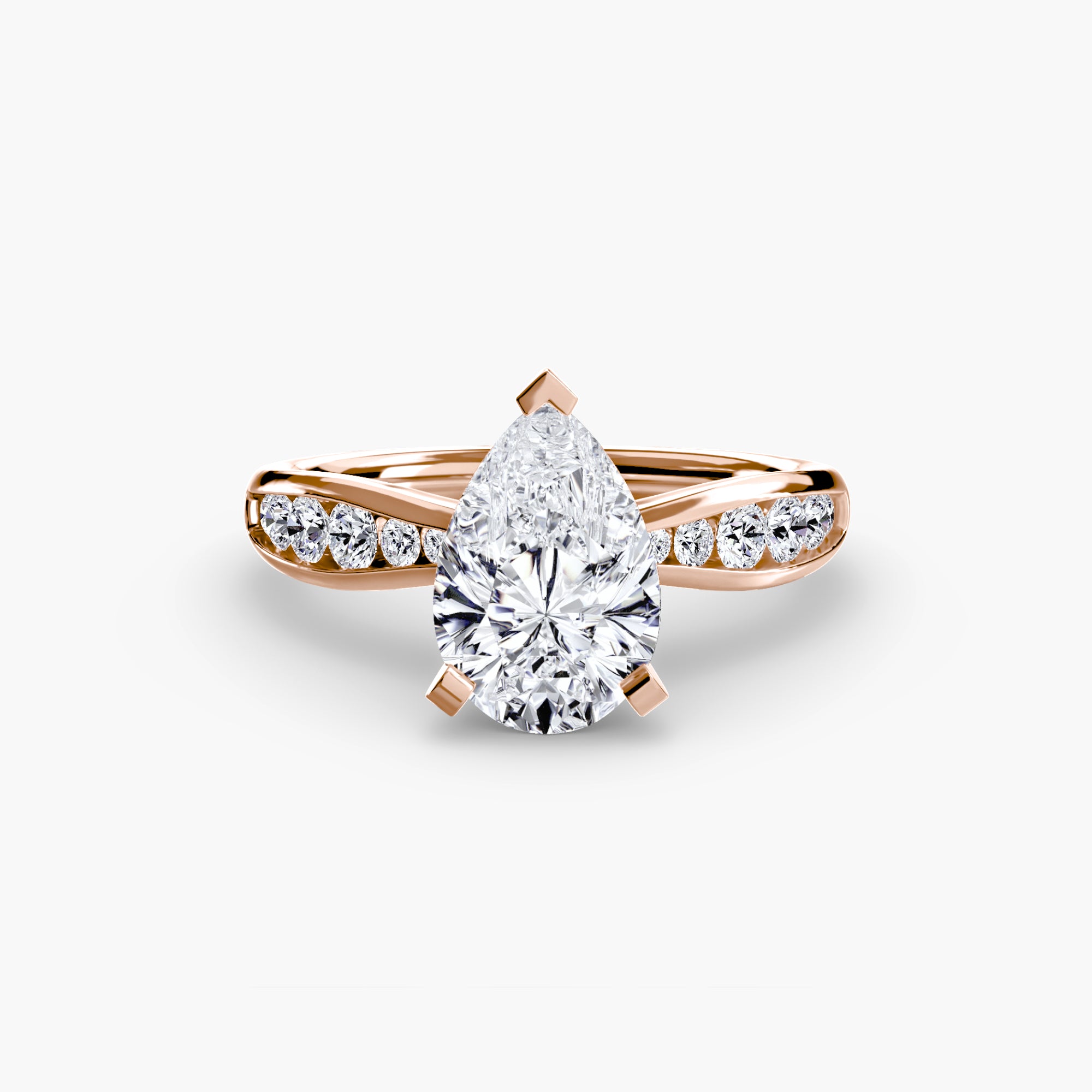 The MICHAEL ISAAC Solitaire with Pavé 3 is a rose gold ring featuring a large pear-shaped diamond and a pavé-set band of round diamonds, displayed on a white background.
