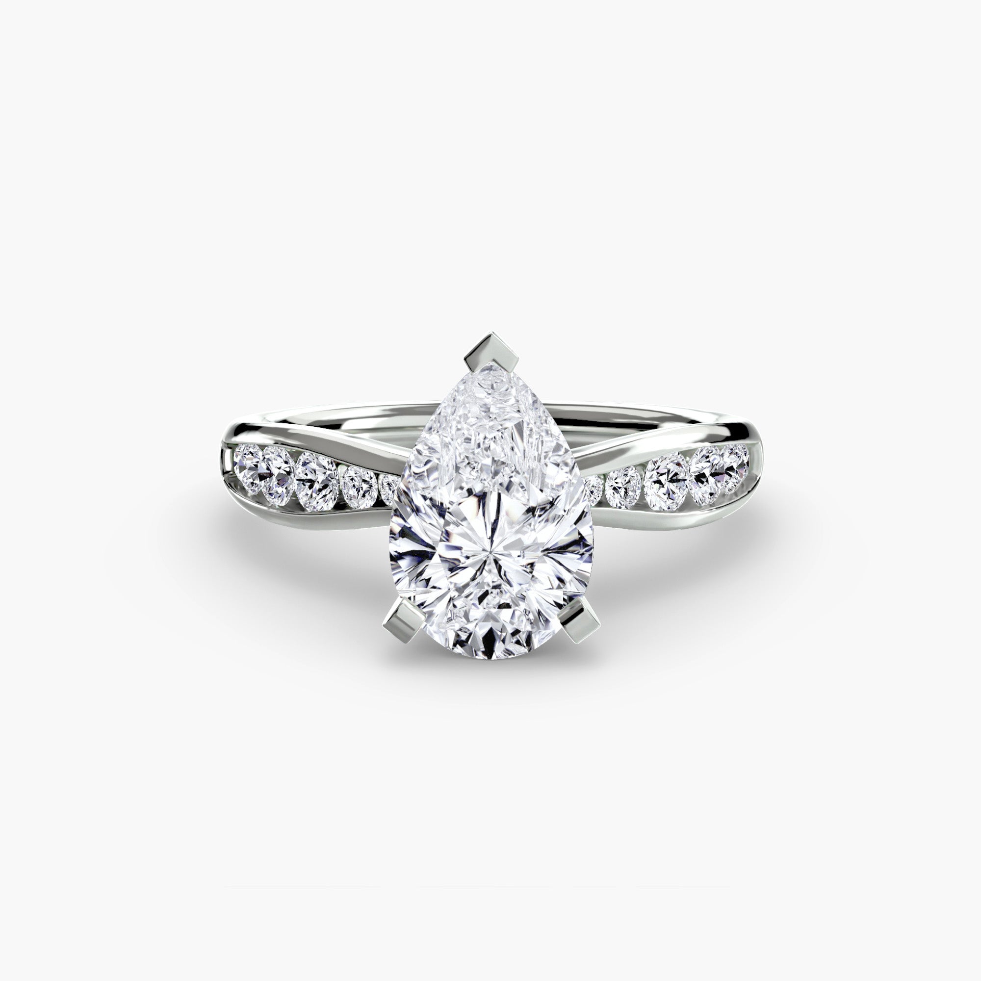 The Solitaire with Pavé 3 by MICHAEL ISAAC is a pear-shaped diamond ring with a split pavé-set band, showcasing round diamonds on each side, set in white metal against a plain background—perfect for everyday luxury.