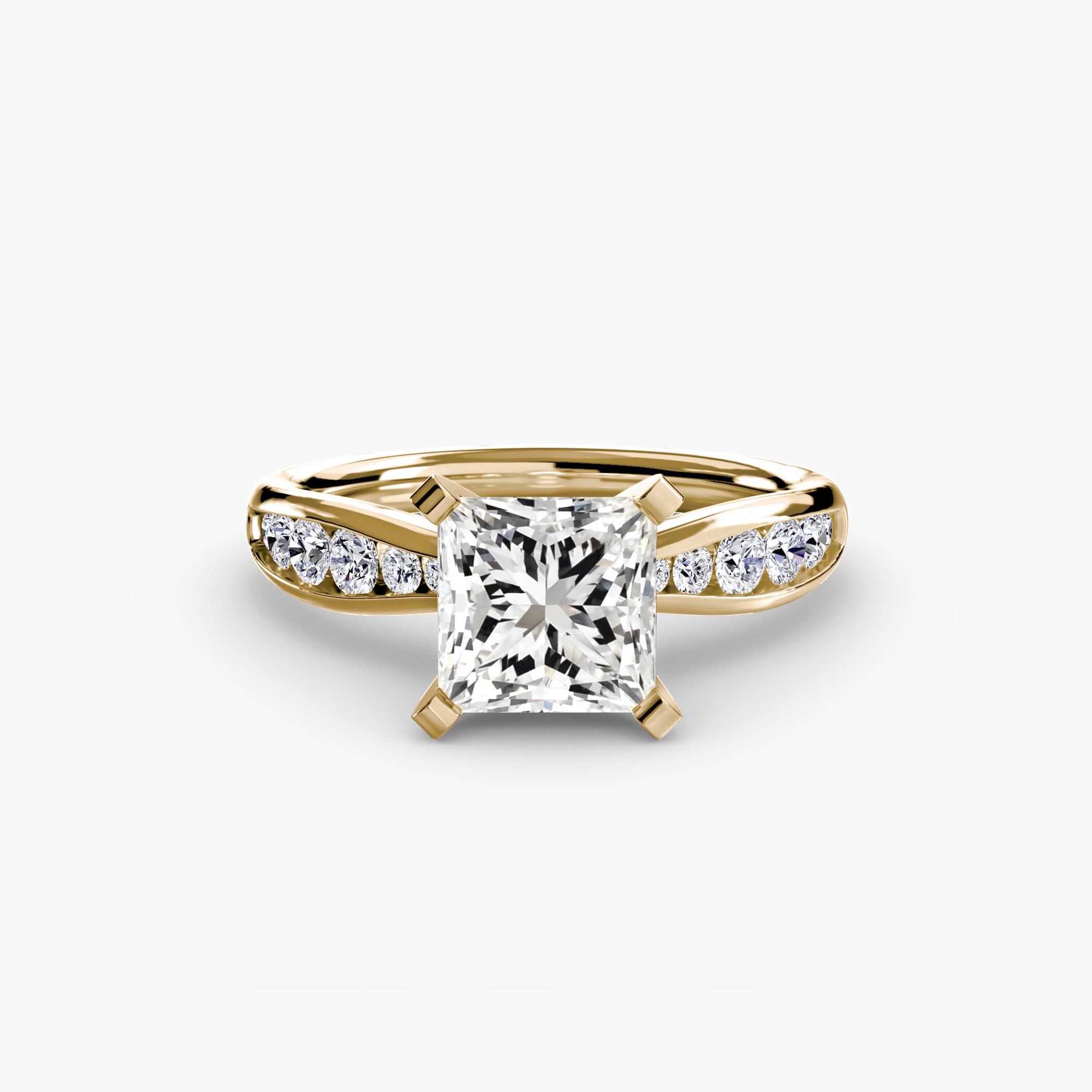The MICHAEL ISAAC Solitaire with Pavé 3 features a gold band with pavé-set round diamonds and a large square-cut diamond solitaire in four prongs, displayed on a plain white background.