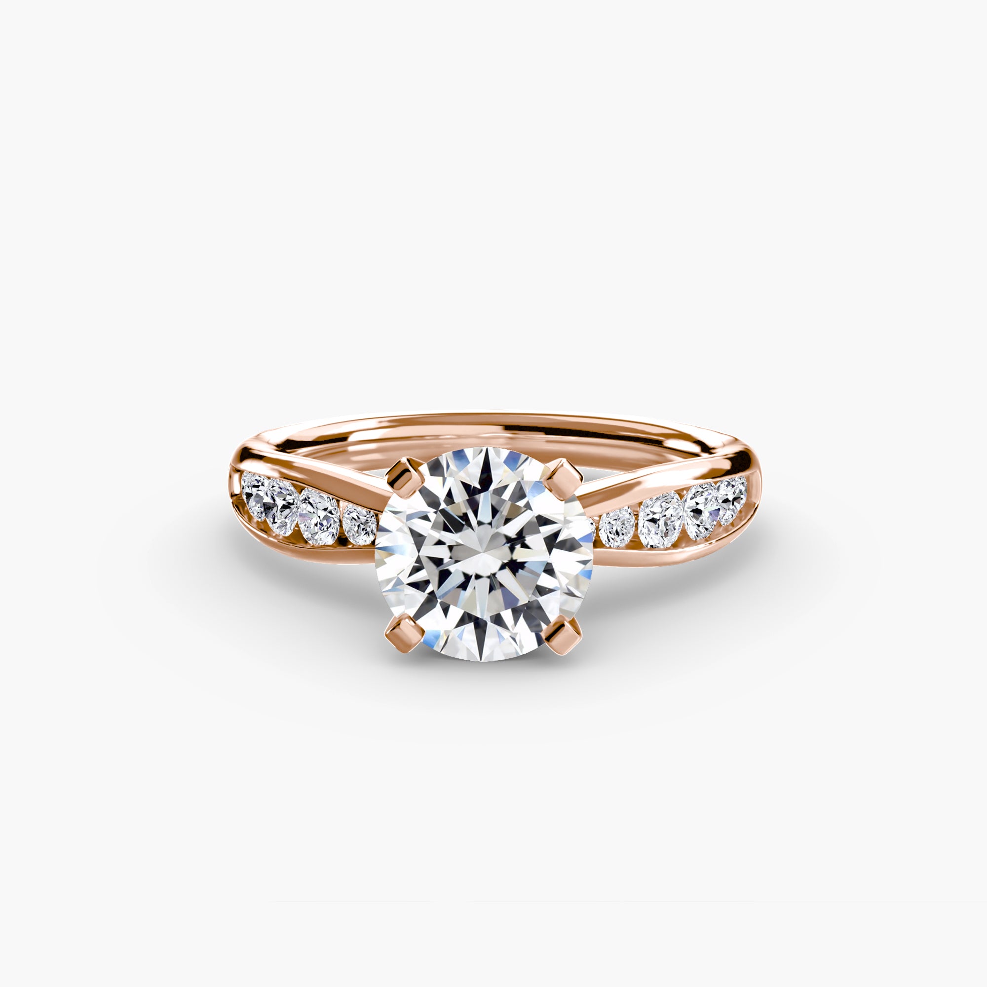 The MICHAEL ISAAC Solitaire with Pavé 3 is a rose gold ring with a large round-cut center diamond and pavé-set diamonds on the band, embodying everyday luxury against a white background.