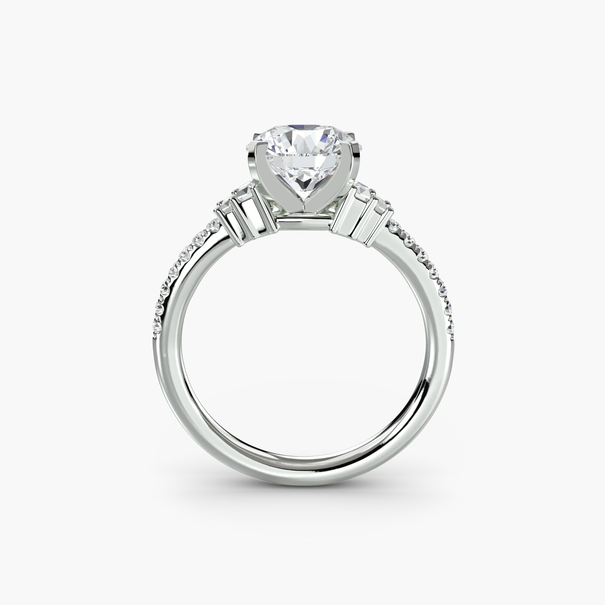 The Solitaire with Pavé 4 by MICHAEL ISAAC features a heart-shaped diamond centerpiece and pavé-set band, showcased on a white background—an exquisite silver engagement ring that embodies everyday luxury.