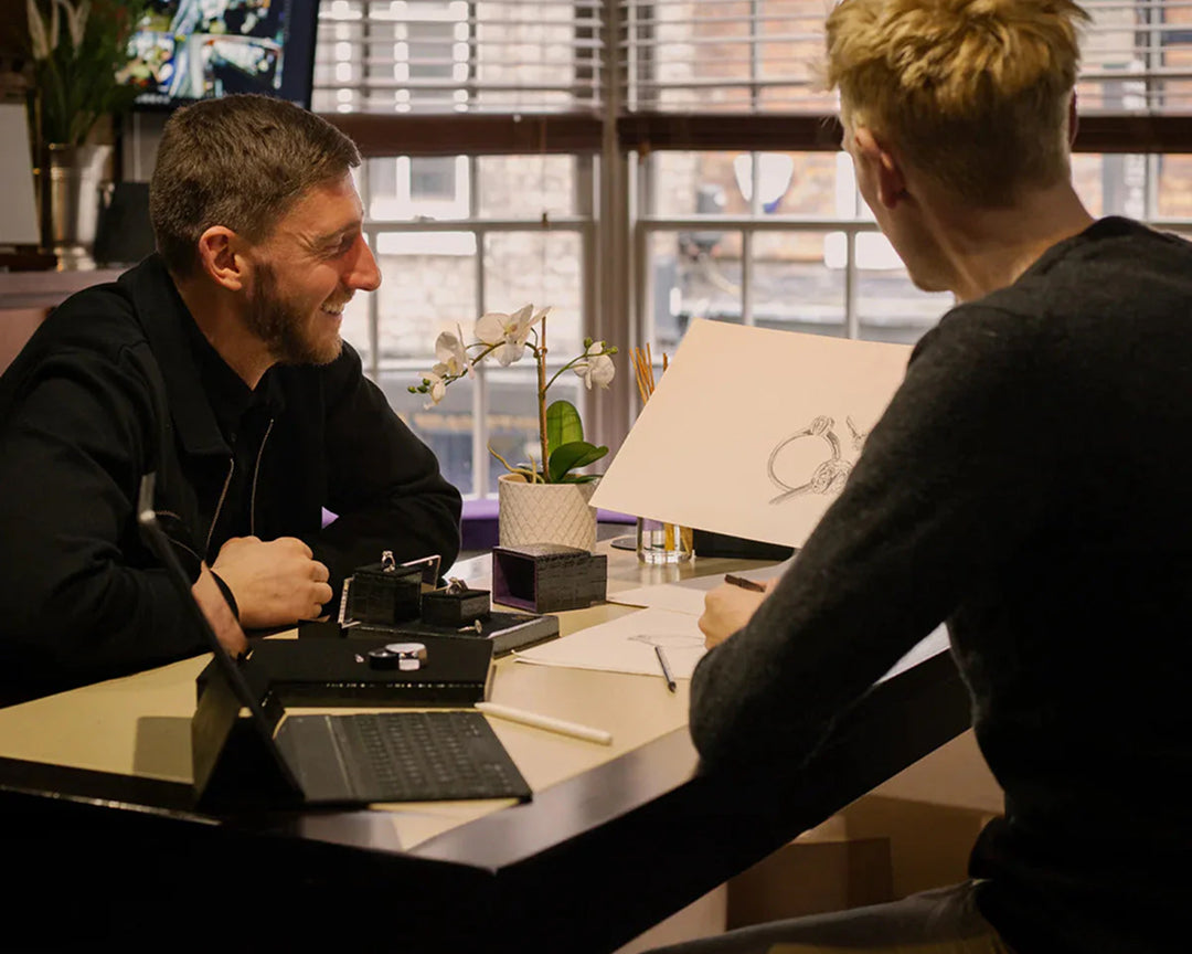 Custom engagement ring sketch and tools in York workshop