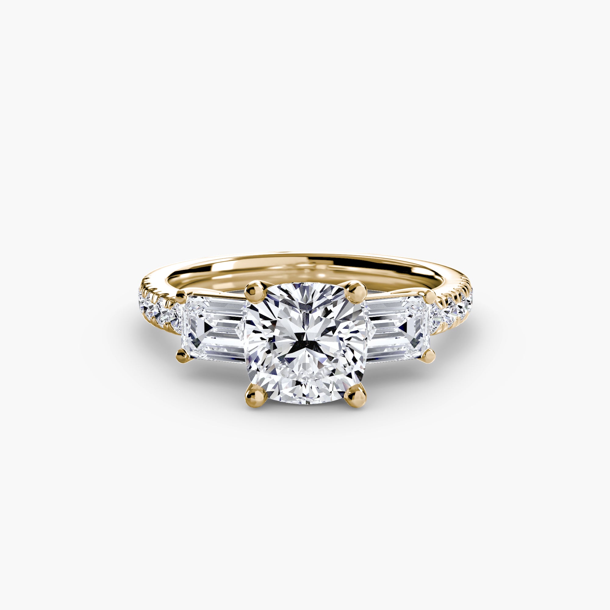 The MICHAEL ISAAC Three-Stone Ring with Pavé Band 4 features a cushion-cut center diamond, two rectangular side diamonds, and pavé diamonds on a gold band for an elegant look.