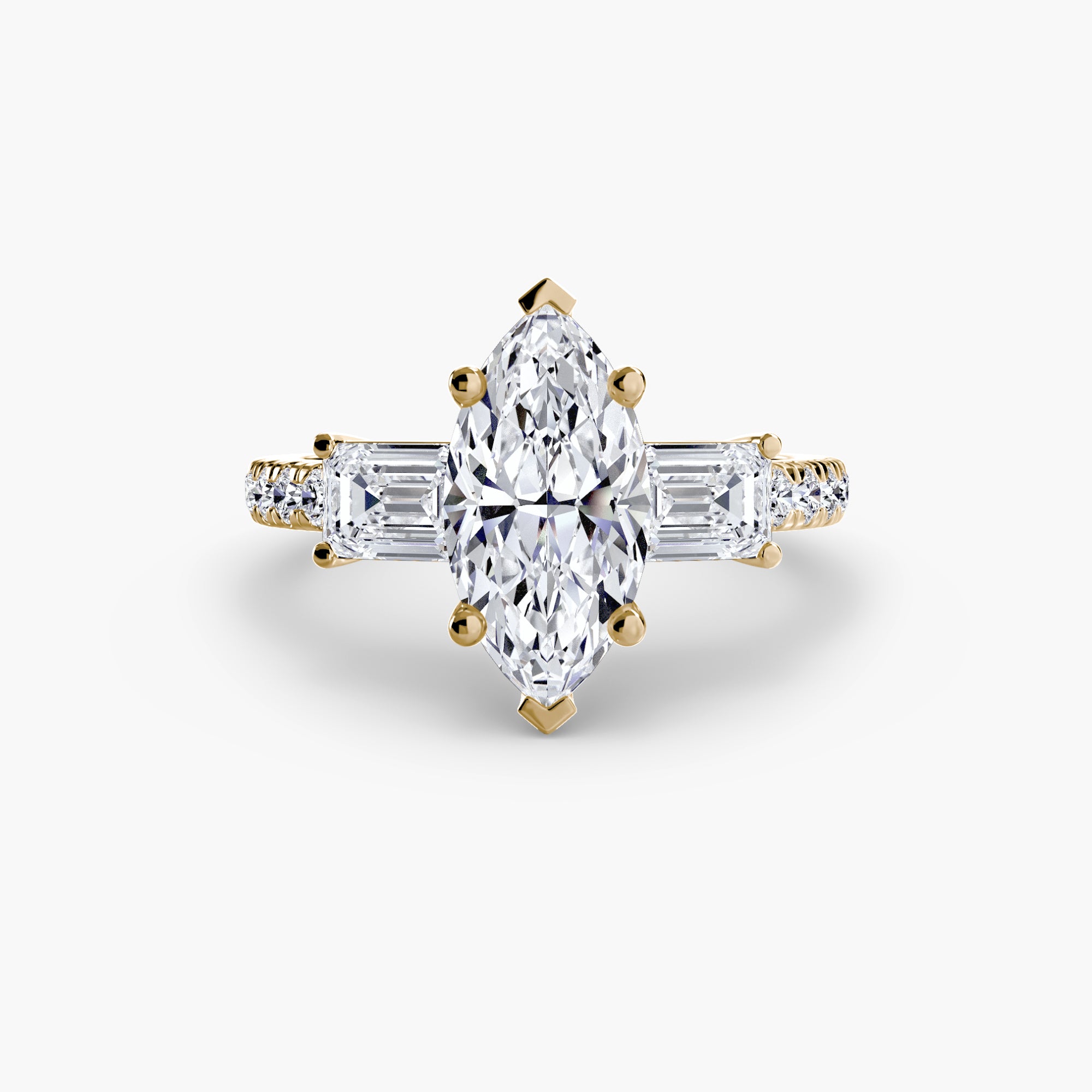 The MICHAEL ISAAC Three-Stone Ring with Pavé Band 4 features a striking marquise-cut center diamond, flanked by two baguette-cut diamonds and small round pavé diamonds, set elegantly against a white background.