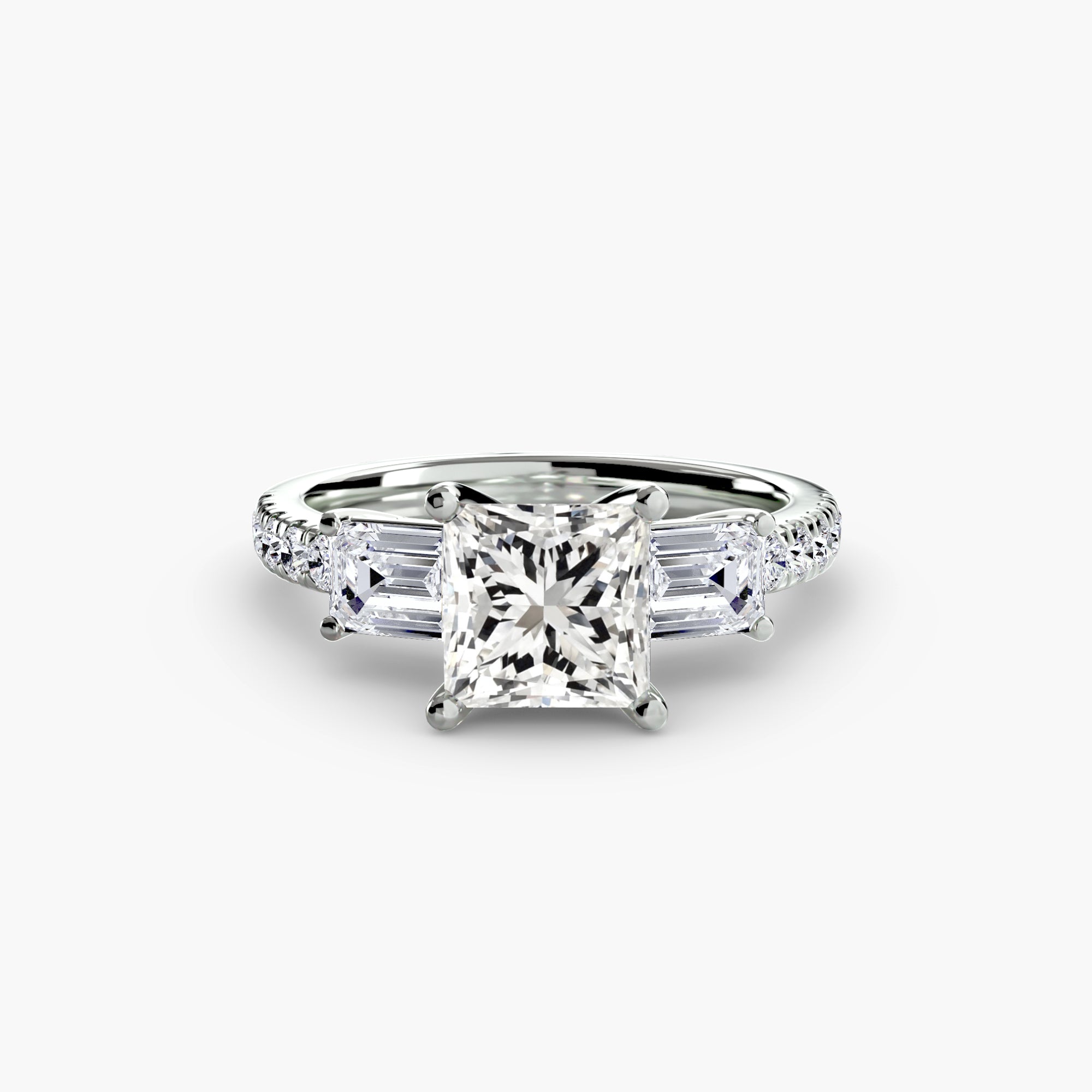 The MICHAEL ISAAC Three-Stone Ring with Pavé Band 4 features a silver band, a large square-cut center diamond, trapezoid side diamonds, and pavé accents, displayed on a white background.