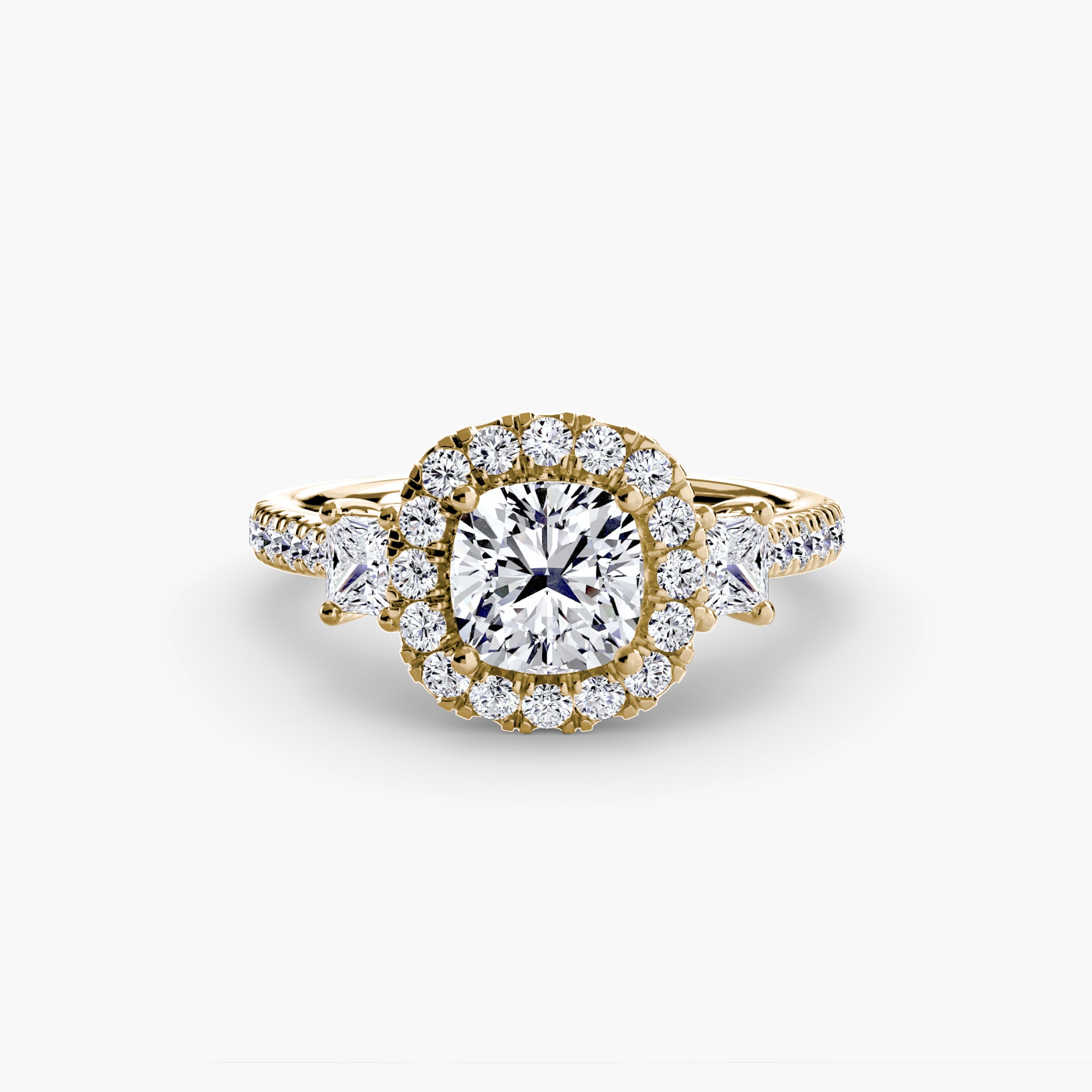 The MICHAEL ISAAC Three-Stone Ring with Halo 2 features a round center diamond, two side stones, a radiant halo of smaller diamonds, and additional diamonds along the band.