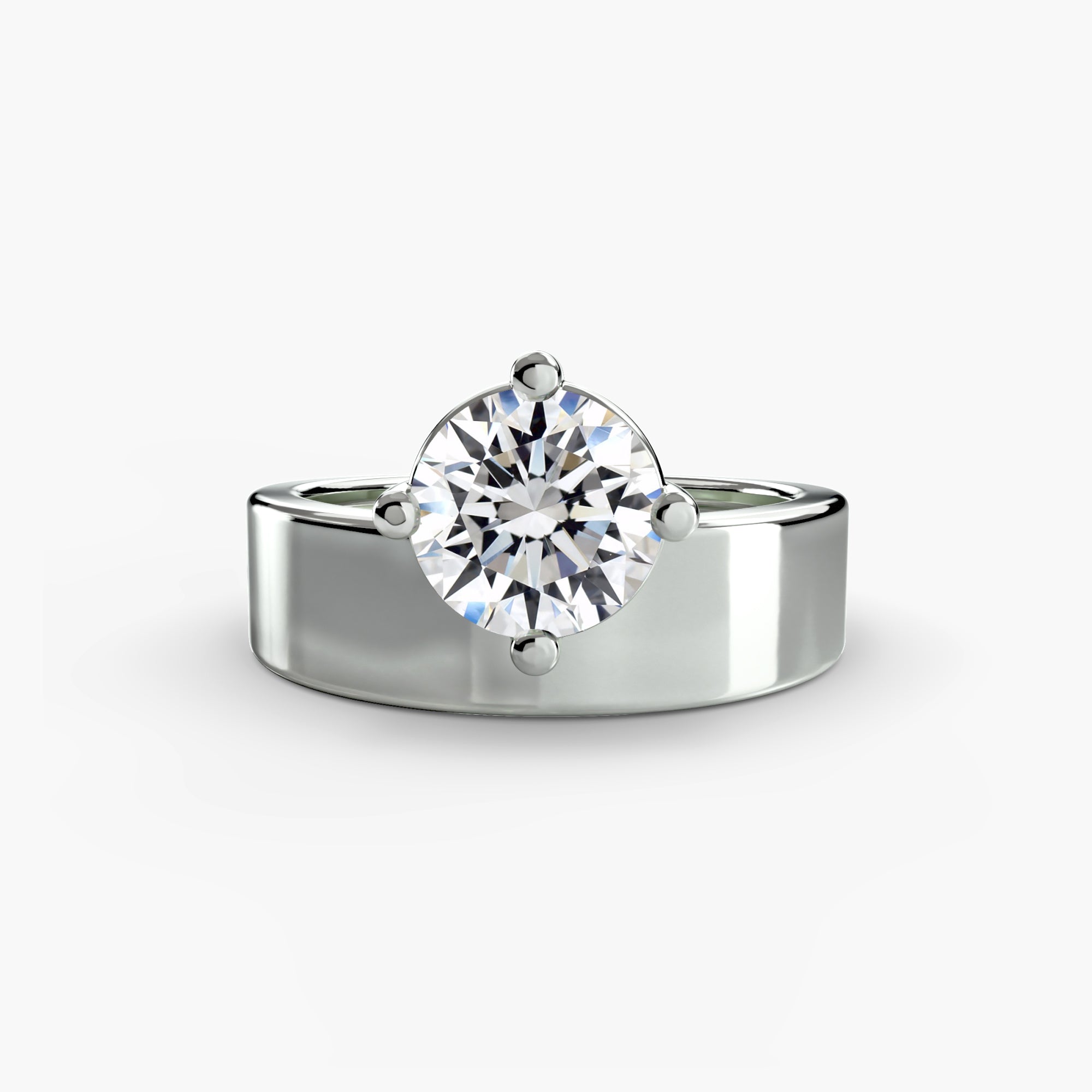 The MICHAEL ISAAC Wide Band Solitaire ring features a large round-cut center stone in a four-prong setting atop a wide, polished silver band, shown against a white background.