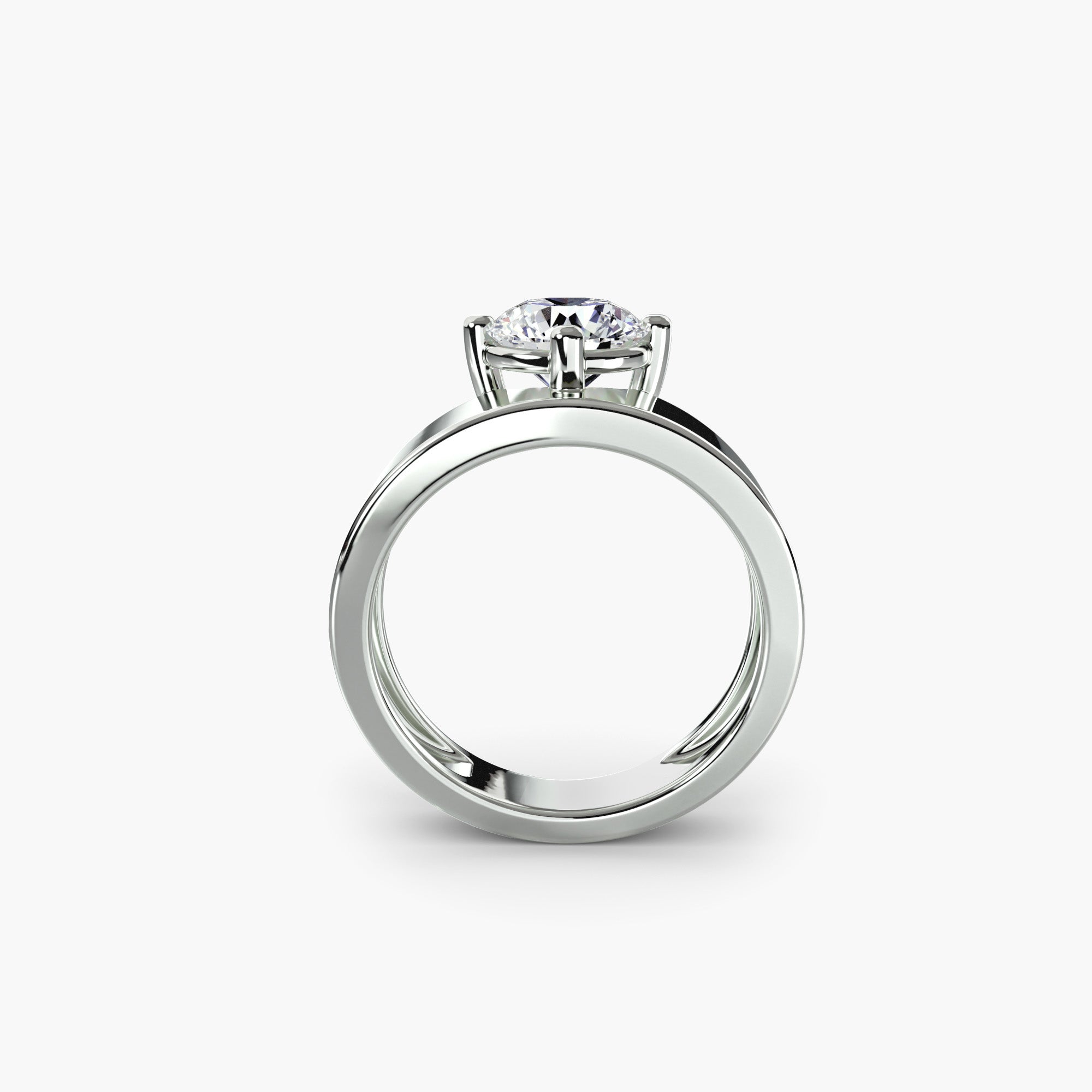 The MICHAEL ISAAC Wide Band Solitaire is a silver ring with a round clear center stone in a prong setting, displayed from the side against a white background.