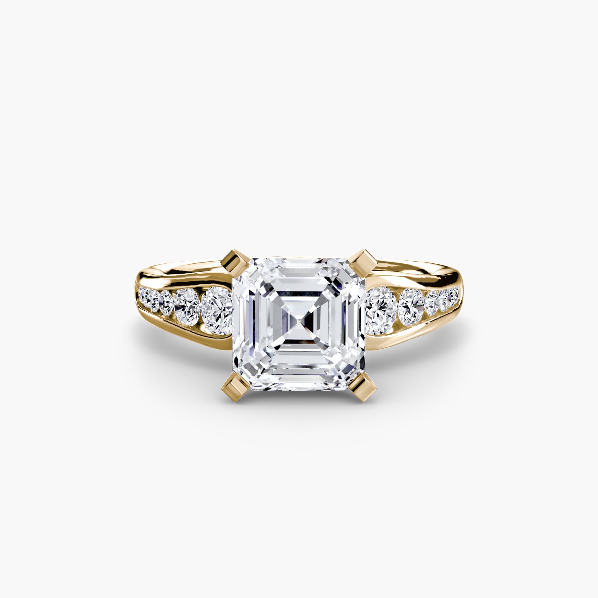 The MICHAEL ISAAC Solitaire with Pavé 2 ring features a large square-cut diamond center, with three round diamonds on each side of the pavé-set gold band—everyday luxury shown on a plain white background.