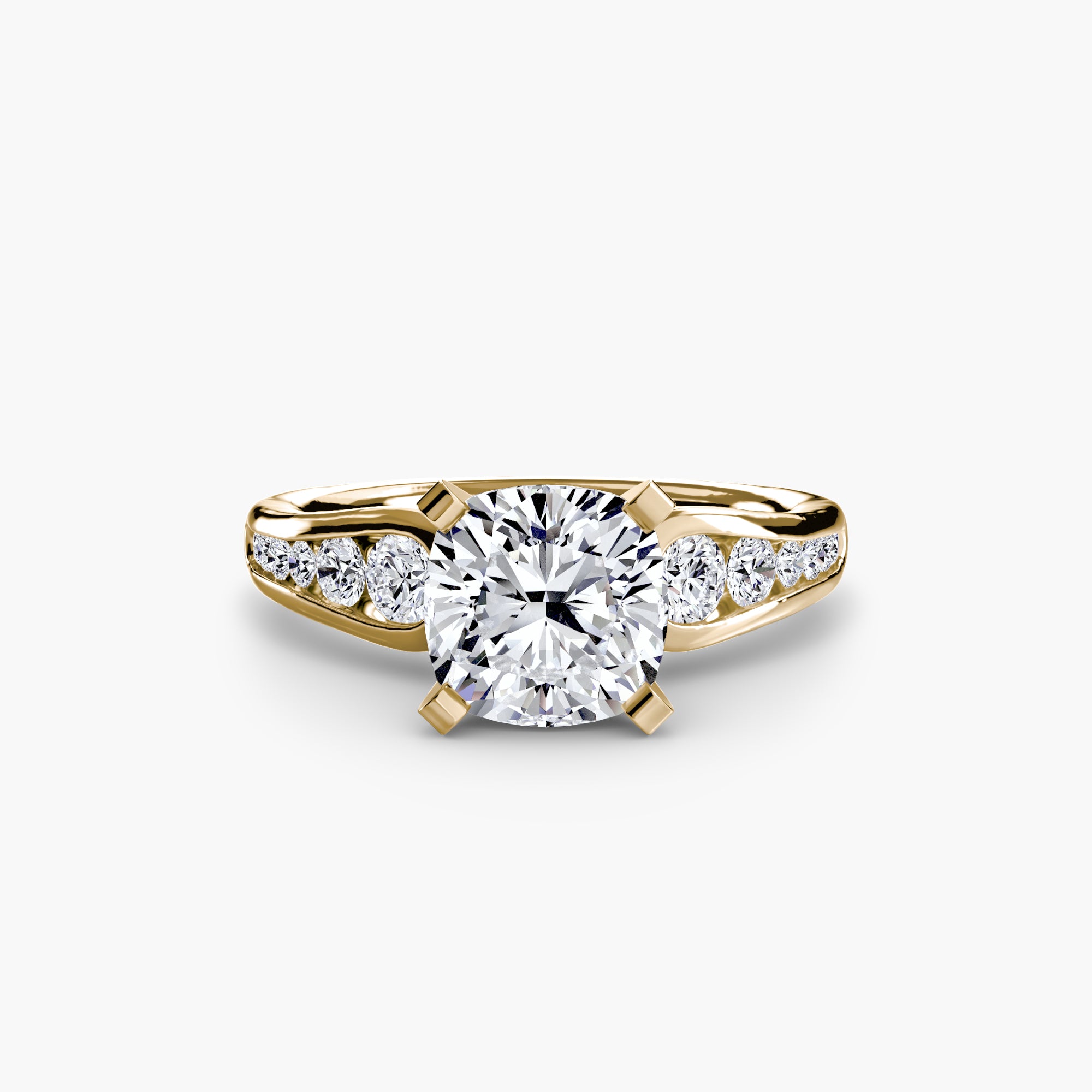 The MICHAEL ISAAC Solitaire with Pavé 2 is a gold ring showcasing a large round diamond at its center and pavé-set diamonds along both sides of the band, displayed against a plain white background.