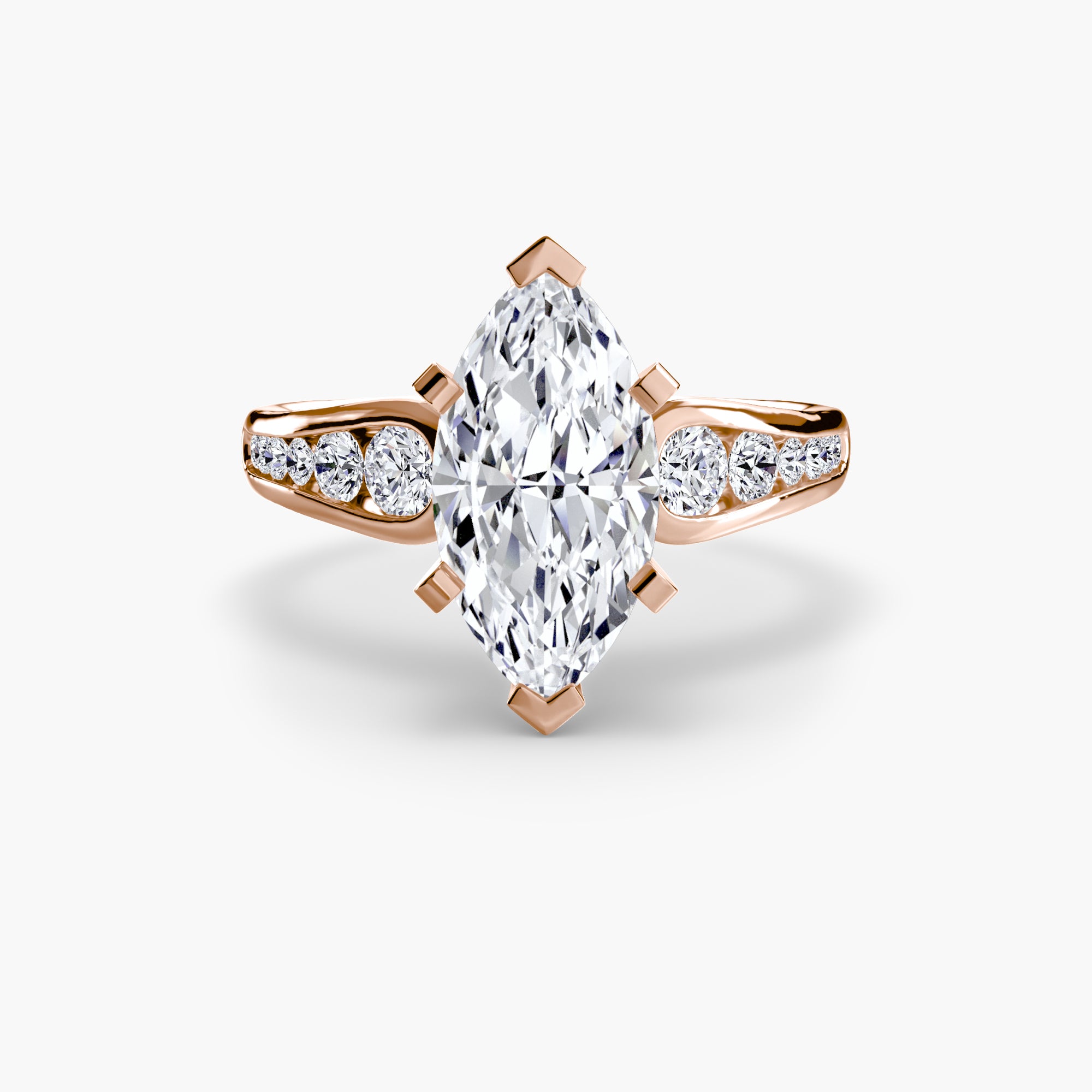 The MICHAEL ISAAC Solitaire with Pavé 2 is a rose gold ring featuring a large marquise-cut center diamond and smaller pavé-set round diamonds on the split shank, shown on a white background.