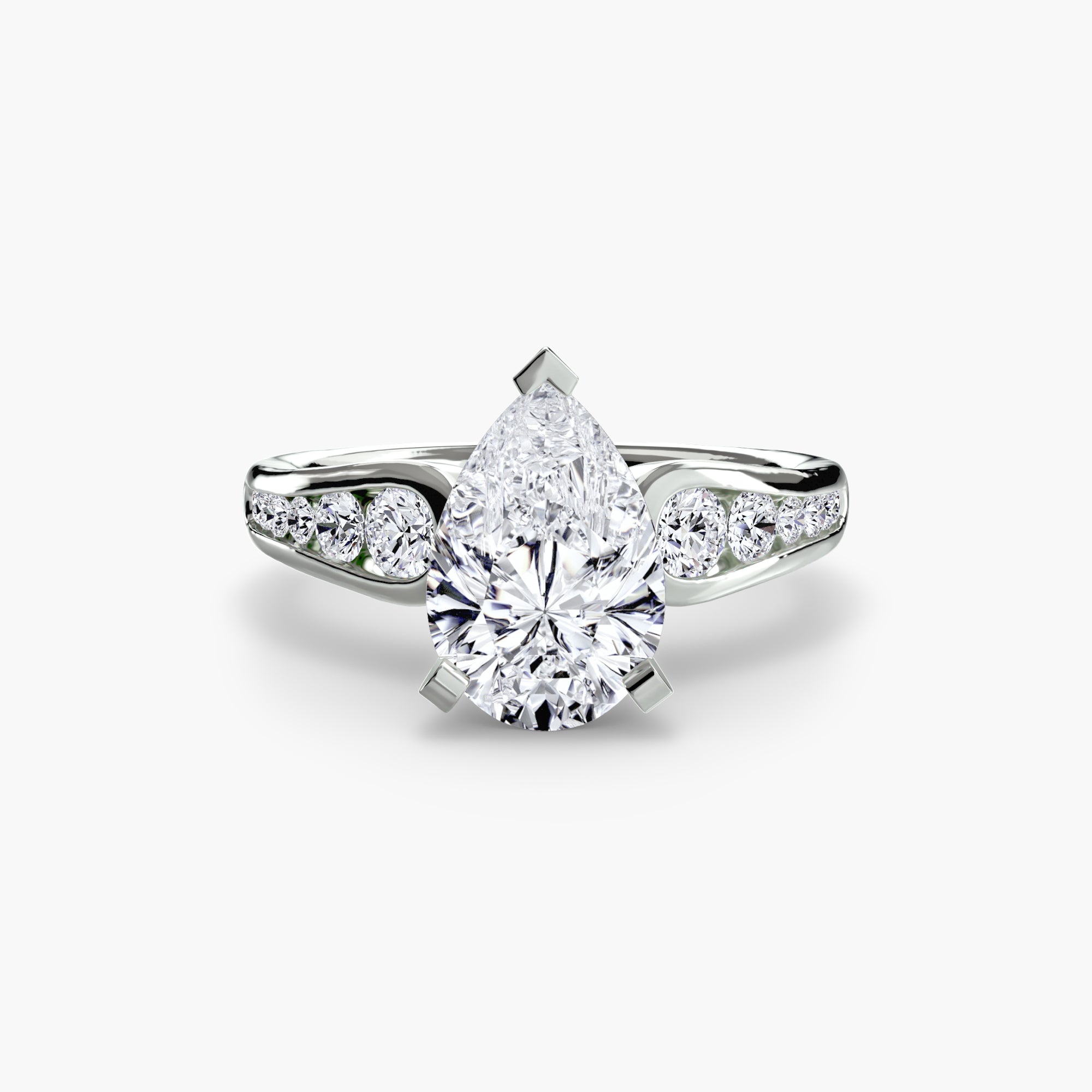 The MICHAEL ISAAC Solitaire with Pavé 2 features a pear-shaped diamond on a split pavé-set shank band with round accent diamonds, showcased against a white background.