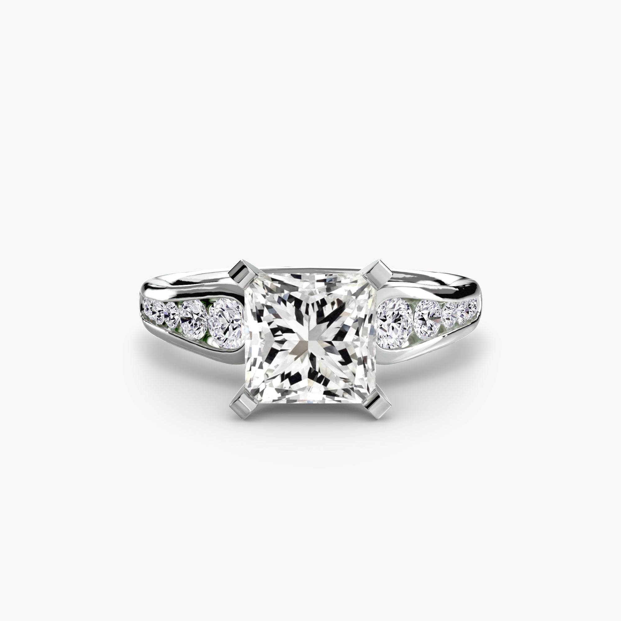 The MICHAEL ISAAC Solitaire with Pavé 2 is a silver ring showcasing a large square-cut diamond centerpiece and pavé-set round diamonds along both sides of the band, displayed on a plain white background.