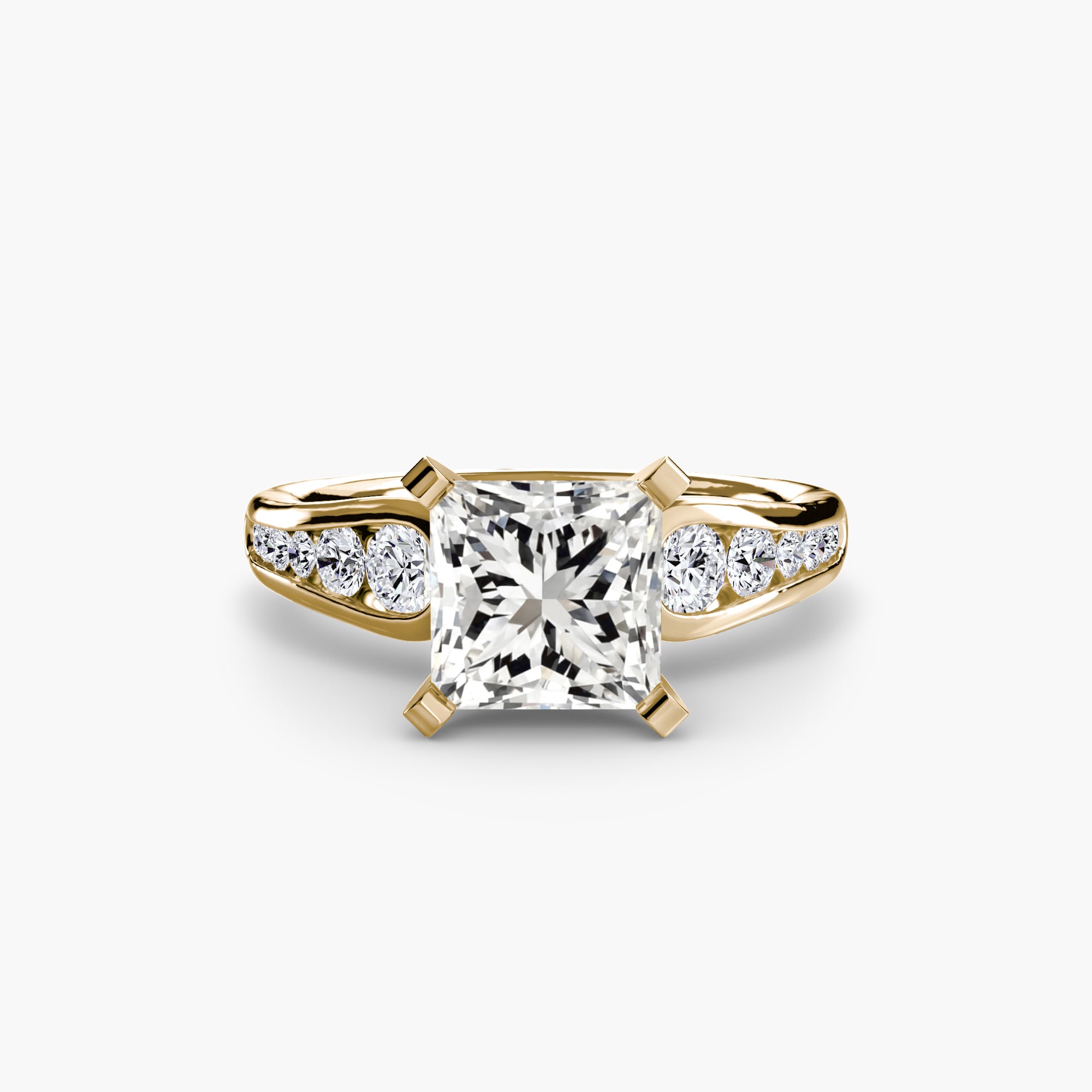 The Solitaire with Pavé 2 ring by MICHAEL ISAAC features a large square-cut diamond flanked by three round diamonds on each side, embodying everyday luxury against a plain white background.