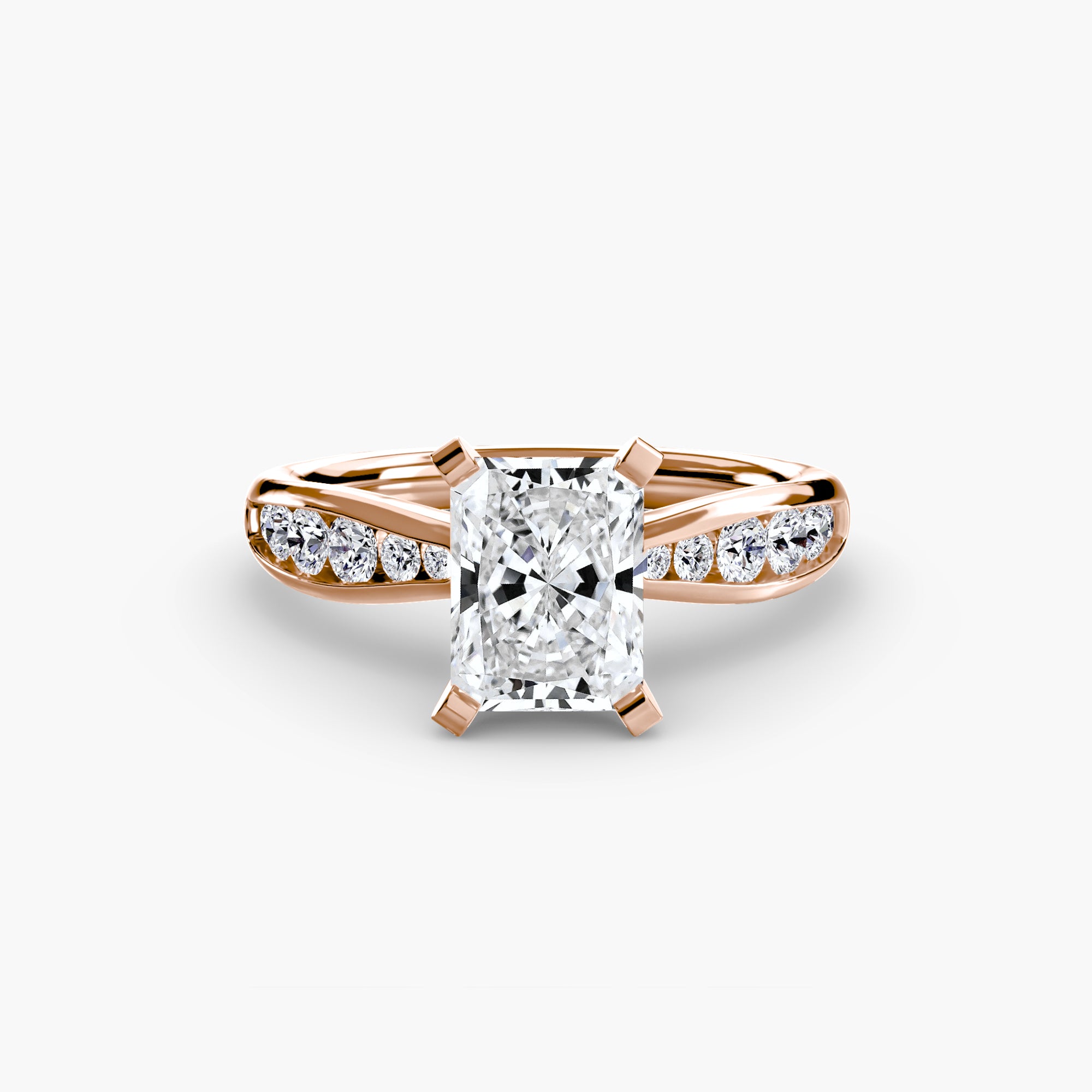 The MICHAEL ISAAC Solitaire with Pavé 3 features a radiant-cut diamond center and pavé-set band with round diamonds, capturing everyday luxury against a plain white background.