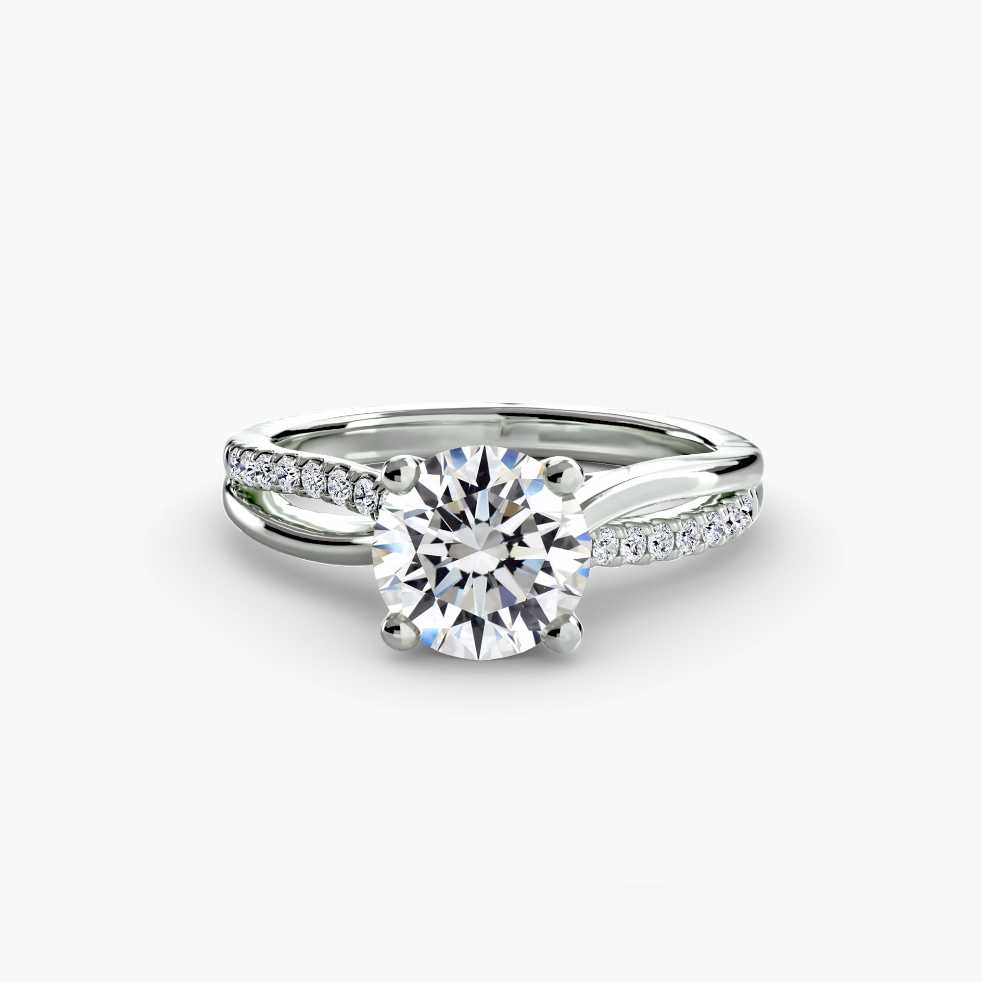 The Split Shank Pavé Solitaire by MICHAEL ISAAC features a large round diamond center and pavé-set band, crafted in silver and displayed on a white background—a stunning piece of everyday luxury.