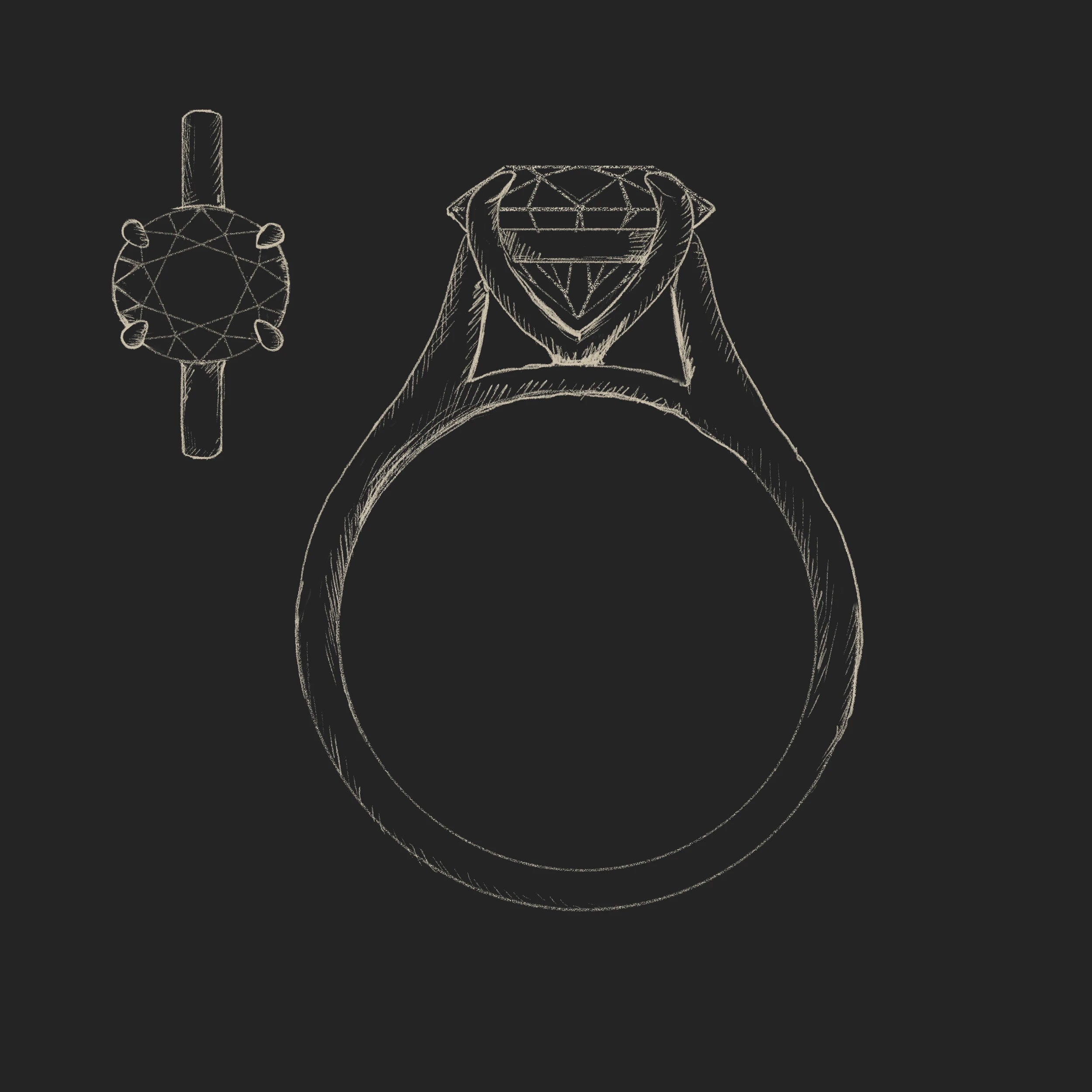 A hand-drawn sketch of the MICHAEL ISAAC Bootham Oval Engagement Ring shown from top and side views on a dark background, featuring an oval, faceted diamond held by four prongs.